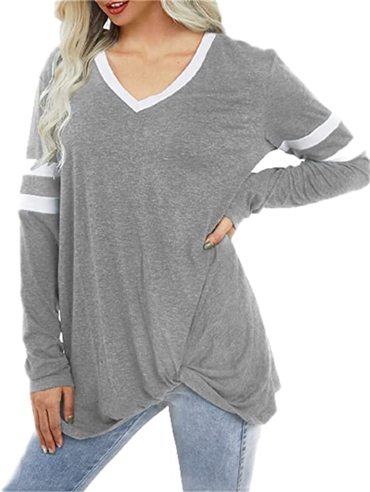 Photo 1 of Aoysky Womens Long Sleeve Cotton Blouse Casual Loose V Neck Twist Knot Tops Shirts XXL
