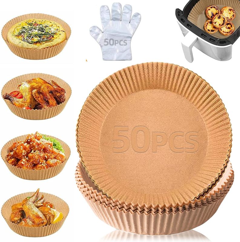 Photo 1 of Air Fryer Disposable Paper Liner, 50PCS Non-Stick Parchment Paper Liners, with Disposable Gloves, Round Cooking Paper, Oil-proof, Water-Proof for Air Fryers.