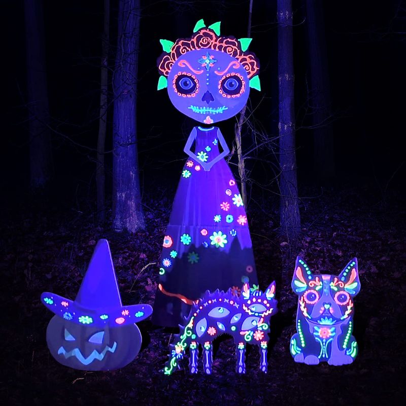 Photo 1 of Flufluf Halloween Decorations Outdoor Yard Signs DIY Kit Glow in the Dark Skeleton Cat Dog Silhouette for Holiday/Party/Yard/Garden
