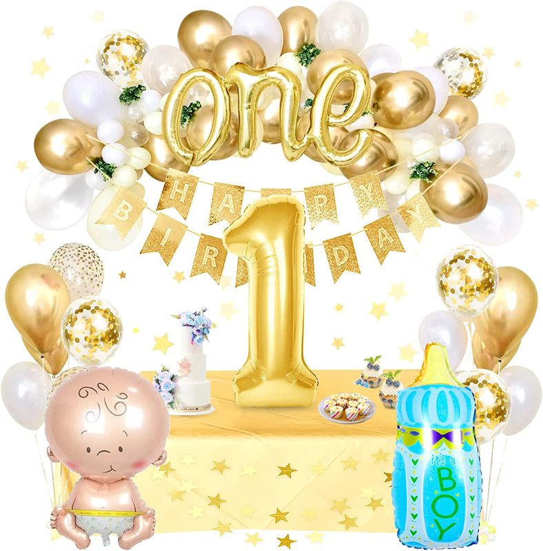 Photo 1 of 1st Birthday Decorations for Boys Balloon,Baby Boy First Birthday Decorations Balloons,Gold White Balloons 40in Foil Balloons,Happy Birthday Banner,Gold Confetti Balloons,Deco Tablecloth
