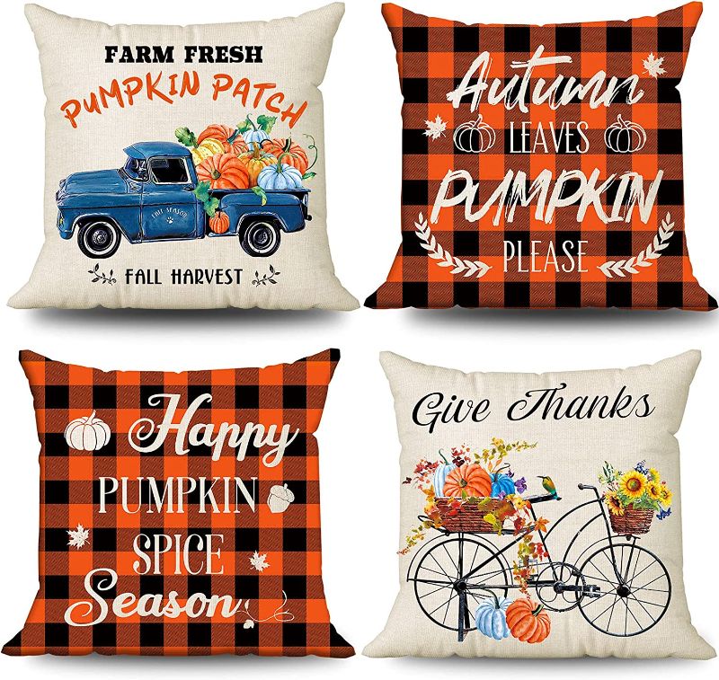 Photo 1 of 4 Pcs Thanksgiving Pillow Covers 18x18, Linen Pumpkin Patch Harvest Truck Bicycle Farmhouse Throw Pillow Covers, Buffalo Check Home Decorations Cushion Cases for Sofa Couch Indoor Outdoor
