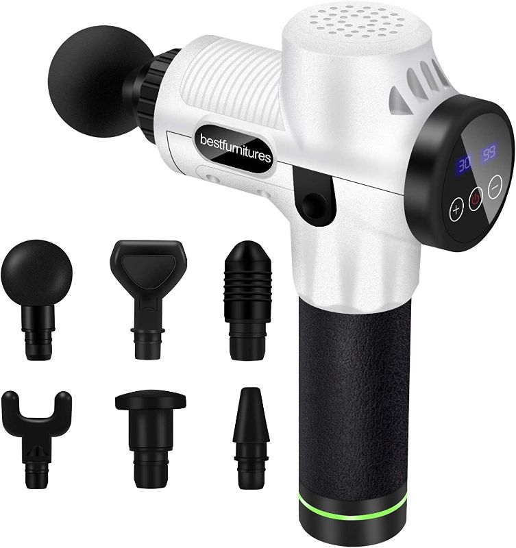 Photo 1 of Massage Gun Deep Tissue Percussion Muscle Massager Gun, Portable Handheld Massage Gun with 6 Massage Heads & 30 Speeds, Quiet Electric Back Massage Gun for Athletes Body Shoulder Neck Relieve (White)
