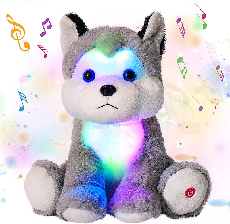 Photo 1 of Cuteoy Musical LED Husky Plush Puppy Stuffed Animals Glow in The Dark Night Lights lullabies Singing Dog Toy Gift for Toddlers Kids Gray, 12''
