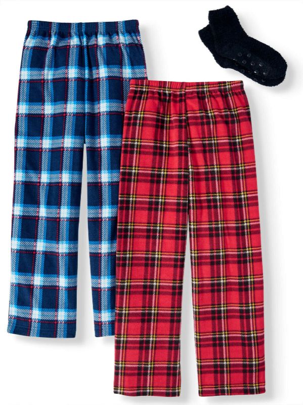 Photo 1 of Mad Dog Boys Micro Fleece 2 Pack Plaid Pajama Sleep Pants w/Slipper Socks 6-8 MEDIUM