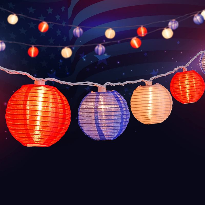 Photo 1 of 4th of July Lights - Lantern String Lights, 6.7 Feet 10 Waterproof Nylon Lantern Hanging Globe Light, Plug in Connectable Decorative Lights for Independence Day Yard Garden Fourth of July Decor