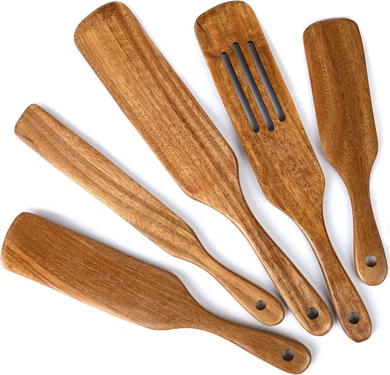Photo 1 of Wood Spurtles Kitchen Set, Acacia Wooden Kitchen Utensil Set,Wood Cooking Utensil, 100% Healthy Hard And Durable Wood Kitchen Utensils For Salad Stir, Cake Make And Pan-Fried Steak (5)