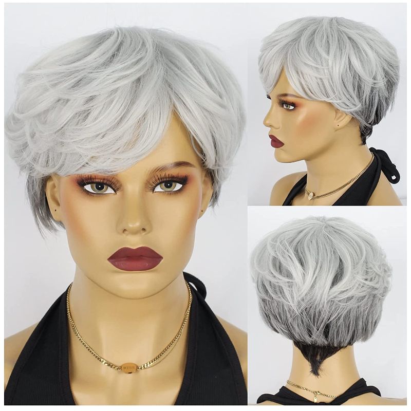 Photo 1 of HUNIGIR Silver Gray Wig Women Pixie Cut Short Gray White Wig for Old Women Heat Resistant Synthetic Unisex Hair Replacement Wig (Silver Gray)