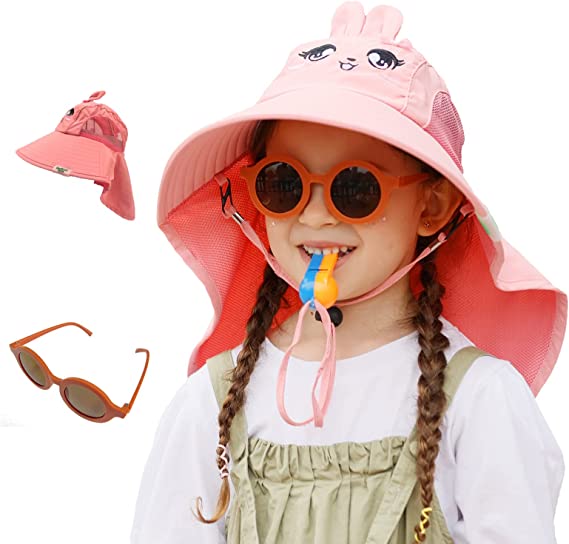 Photo 1 of Kids Sun Hat with Neck Flap Summer Hat Boy Girl Wide Brim Sun Protection Hat with Sunglasses,Adjustable Whistle 3-12 Years
