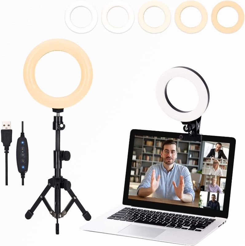 Photo 1 of Ring Light for Laptop Computer,5 Dimmable Color & 15 Brightness Level,Desktop Ring Light with Tripod,Clip on Laptop Monitor for Video Conference Lighting/Remote Work/Zoom Meetings/YouTube Videos

