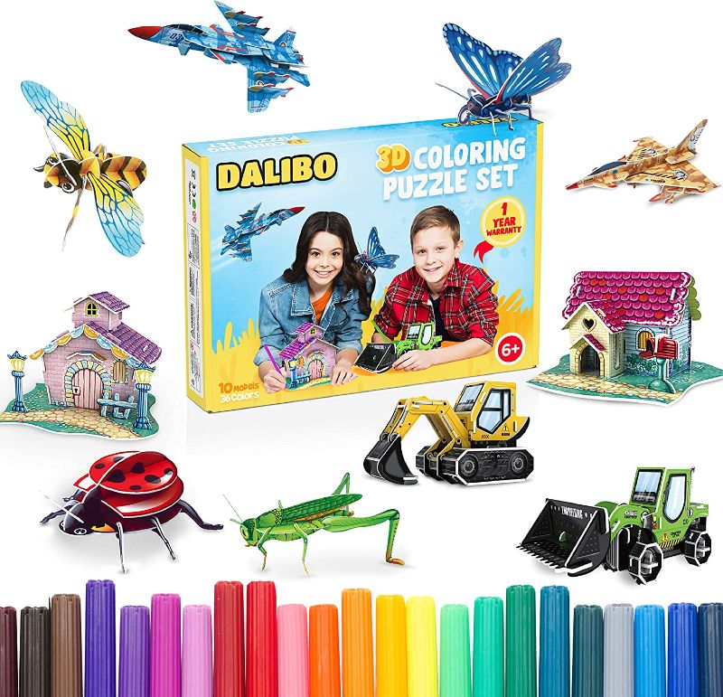 Photo 1 of DALIBO 3D Coloring Puzzle Set - Arts and Crafts Set with 10 Cool Models, 36 Coloring Pens