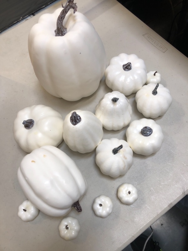 Photo 5 of BigOtters White Artificial Pumpkins, 15PCS Assorted Sizes Pumpkins White Faux Pumpkins for DIY Crafts Wedding Halloween Thanksgiving Table Centerpiece
