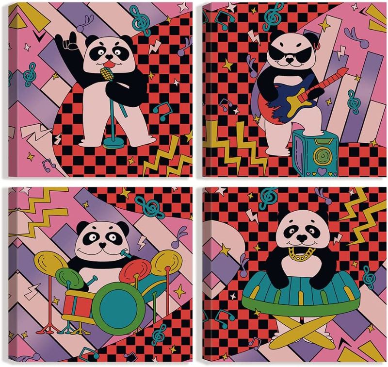 Photo 1 of Funny Panda Wall Art Canvas Prints Abstract Cartoon Pictures 4 Pieces Rock Panda with Musical Instrument Painting Artwork for Nursery Bedroom Living Room 12"x12", FACTORY SEALED
