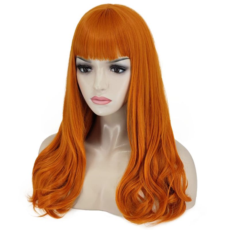 Photo 3 of Ruina Orange Daphne Wig Costume Women Girls Colored Ginger Long Curly Wavy Hair Wig with Bangs Cute Natural Synthetic Wigs for Party Halloween R032OR
