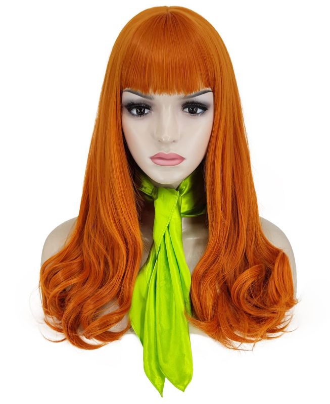 Photo 1 of Ruina Orange Daphne Wig Costume Women Girls Colored Ginger Long Curly Wavy Hair Wig with Bangs Cute Natural Synthetic Wigs for Party Halloween R032OR
