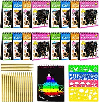 Photo 1 of 16 Pack Scratch Arts and Crafts Notebooks,Scratch Note Pads for Kids,Includeing 4 Drawing Stencils and 16 Wooden Stylus,Scratch Paper for Kids Art Party Supplies Stocking Stuffers