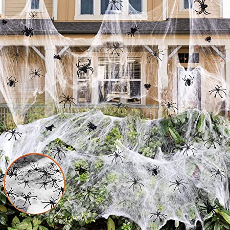 Photo 1 of 1000 sqft Spider Webs Halloween Decorations Bonus with 30 Fake Spiders for Creepy Halloween Party Decor Indoor & Outdoor, 3 COUNT 