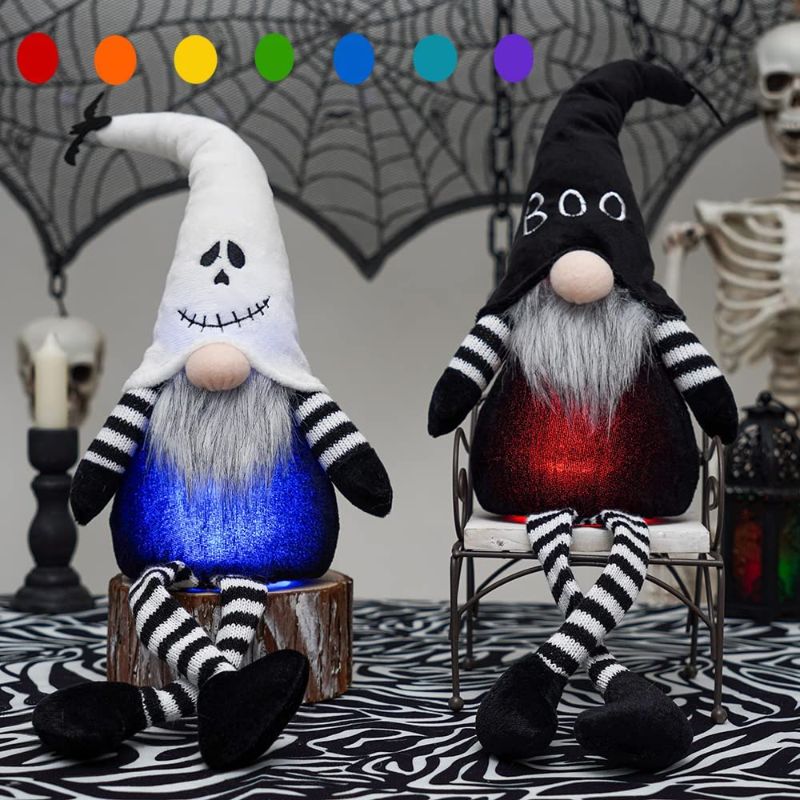 Photo 1 of 2 Pack Halloween Gnomes Plush with LED Colorful Changing Light, Halloween Gnomes Decorations, Handmade Witch Gnome with Bendable Hat and Dangle Leg
