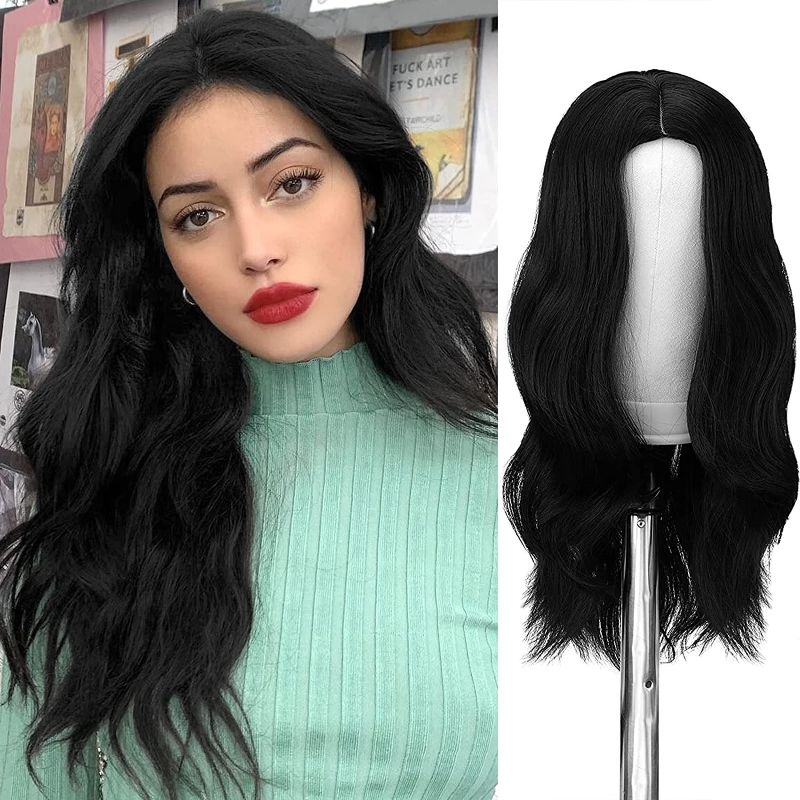 Photo 1 of FESHFEN Long Black Wigs for Women 22 inch Curly Wavy Full Wig Middle Parting Wigs Natural Looking Synthetic Wig Extensions for Daily Party
