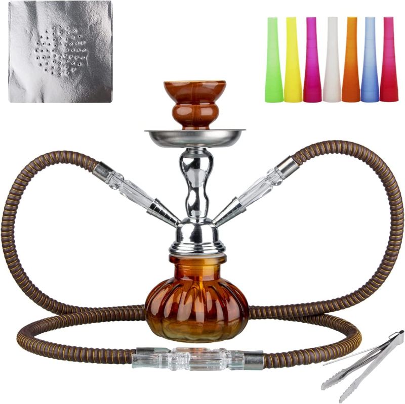 Photo 1 of 2 Hose Hookah Set 11'' Small Shisha Hookah Set With Mini Pumpkin Glass Vase, Ceramic Bowl, Leather Hose, Coal Tong, 50 Hookah Foil, 50 Disposable Tips (Brown)
