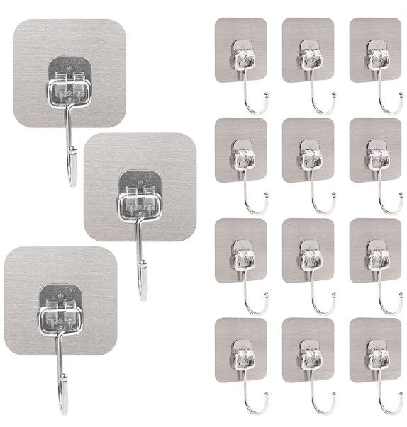 Photo 1 of 15 Pcs Large Adhesive Hooks Kitchen Wall Hooks 34lb (MAX), Waterproof and Oilproof Wall Hooks for Hanging Heavy Duty Non-Marking Viscose Brushed Sticker Wall Hooks for Bathroom, Home and Office