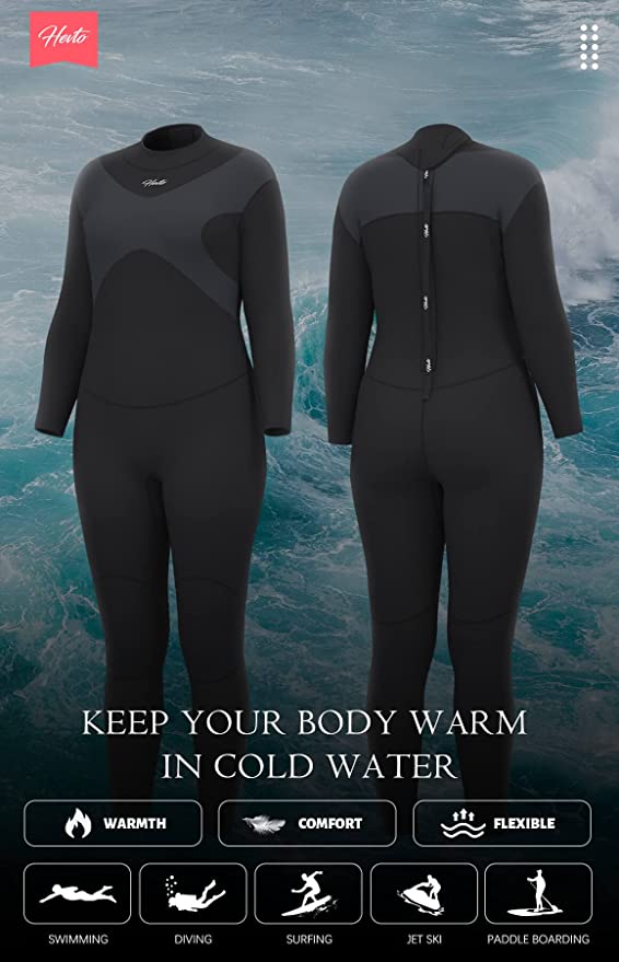 Photo 2 of Hevto Wetsuits Plus Size Men and Women 3/2mm Neoprene Full Scuba Diving Suits Surfing Swimming Keep Warm Back Zip for Water Sports-- Size ST