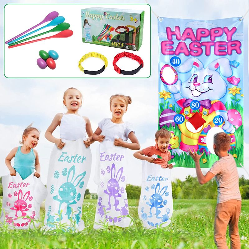 Photo 1 of 4 Players Easter Outdoor Party Games for Kids and Family - Potato Sack Race Jumping Bags, Legged Relay Race Bands, Egg and Spoon Race and Toss Game - Easter Eggs Hunt, Easter Party Supplies
