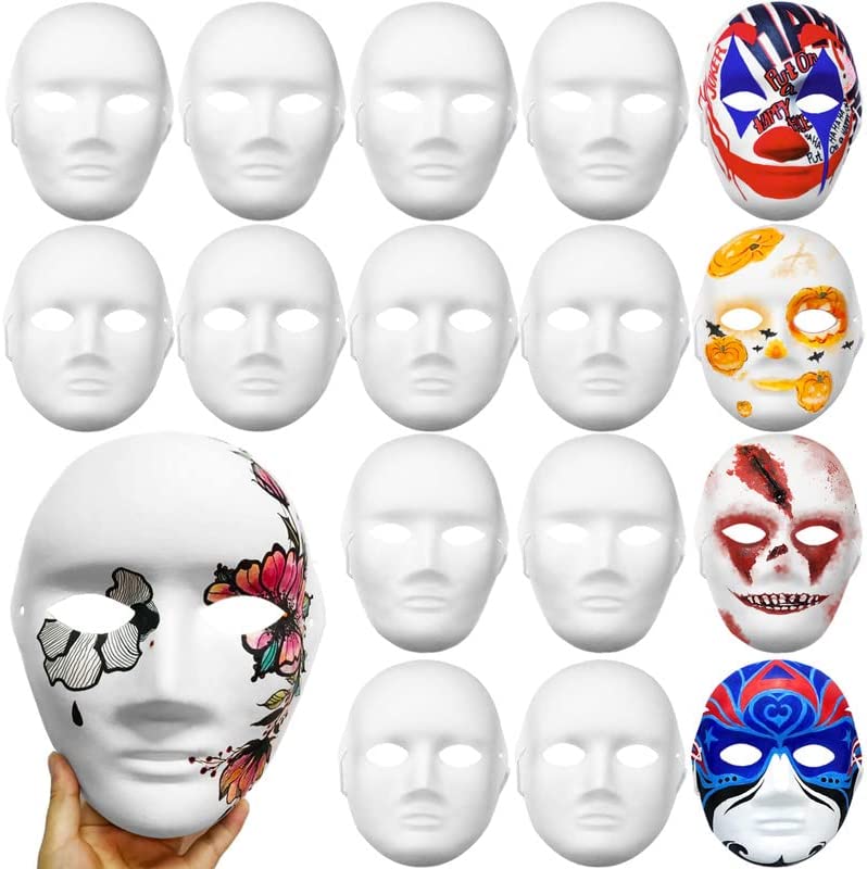 Photo 1 of 16 Pcs DIY Full Face Masks,Paintable Paper Mask,White Craft Masks,Cosplay Masquerade Mask for Halloween Party,DIY Creativity,Women,Men,Kids,2 Sizes