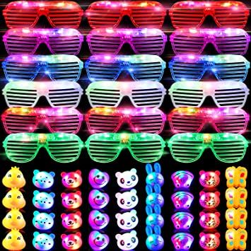 Photo 1 of 108 Pcs LED Light up Toy Party Favors Neon Color Light up Glasses Flashing Sunglasses Glow in The Dark Animal Light up Ring for Kids Prizes Box Toys Birthday Halloween Party