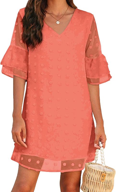 Photo 1 of BELONGSCI Women's Dress Sweet & Cute V-Neck Ruffle Bell Sleeve Swiss Dot Shift Dress Mini Dress
Size XL