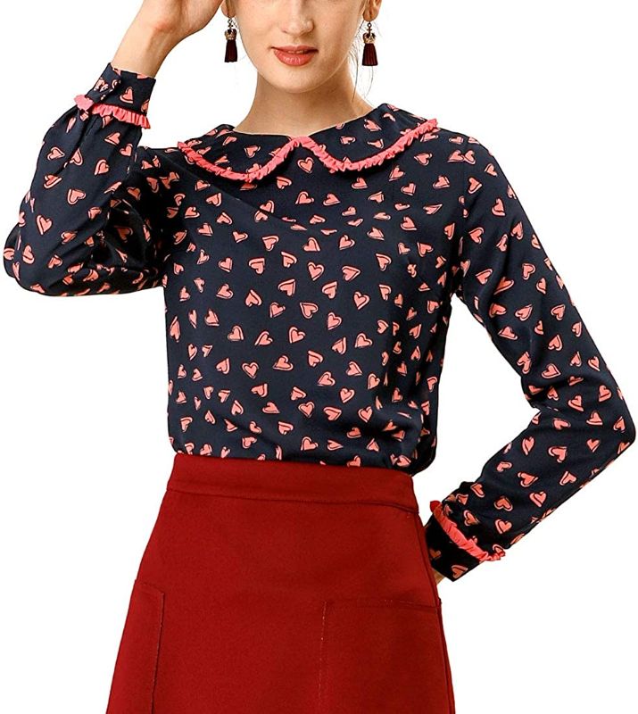 Photo 1 of Allegra K Women's Peter Pan Collar Blouse Long Sleeve Sweet Cute Heart Dots Printed Top
Size S