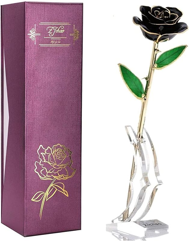 Photo 1 of ZJchao 24K Black Rose for Her, Eternal Eternity Love Real Gold Plated Rose Flower, Romantic Present for Wife, Mom, Girlfriend, Anniversary, Birthday, Wedding ( Black)
