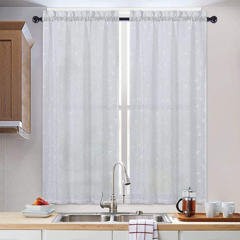 Photo 1 of Bathroom Window Curtains 45 Inch Length Sheer Tier Curtains Short Embroidered Sheer Voile Curtains for Small Window (White Leaf, 26” x 45”)
