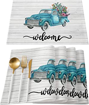 Photo 1 of ALAGEO Blue Truck Placemats for Dining Table Cactus and Succulents Table Mats Set of 6 Tropical Plants Wood Grain Welcome Placemat Table Decoration Holiday Banquet Kitchen Dining Non Slip Washable