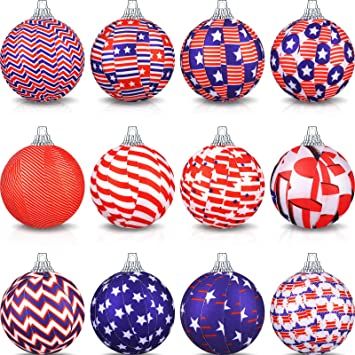 Photo 1 of 12 Pieces American Independence Day Balls USA Patriotic Ball Ornaments Fabric Wrapped Ornaments Hanging 4th of July Ball Decorations for Memorial Day Veterans Day Party Festival, 1.96 Inches