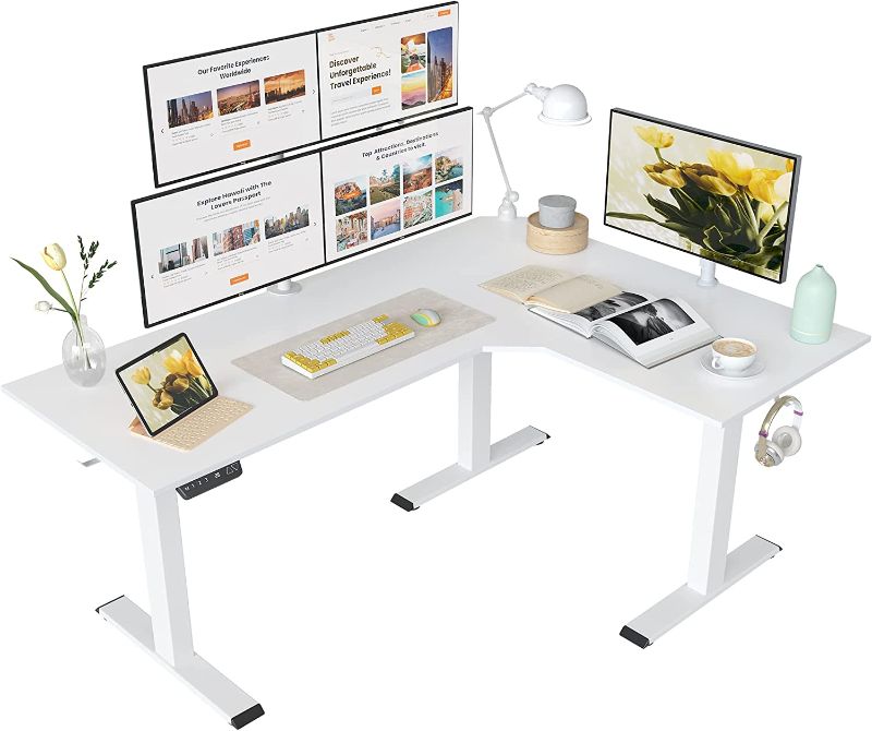 Photo 1 of FEZIBO Triple Motor L-Shaped Electric Standing Desk, 63 Inches Height Adjustable Stand up Corner Desk, Sit Stand Workstation with Splice Board, White Frame/White Top
