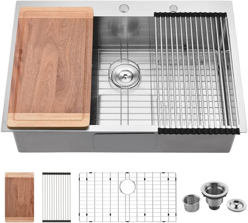 Photo 1 of 33 Inch Stainless Steel Drop In Kitchen Sink-VASOYO 33x22 Stainless Steel Single Bowl Kitchen Sink Drop In Topmount Kitchen Sink 16 Gauge 10 Inch Deep Kitchen Sink with Cutting Board & Dish Grid
***HAS DENTS AROUND THE EDGES***