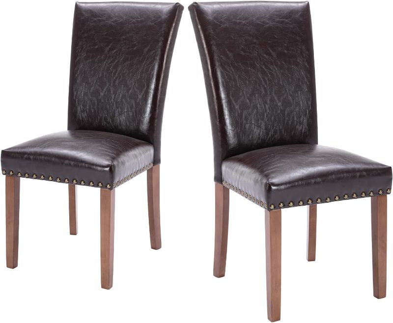 Photo 1 of COLAMY Upholstered Parsons Dining Chairs Set of 2, PU Leather Dining Room Kitchen Side Chair with Nailhead Trim and Wood Legs - Dark Brown
