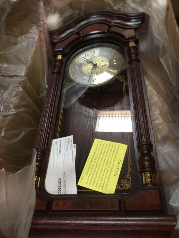 Photo 3 of SEIKO Stately Dark Brown Solid Oak Case Wall Clock MISSING PENDULUM AND CHAIN, MISSING NUMBERS, CHIPPED WOOD 