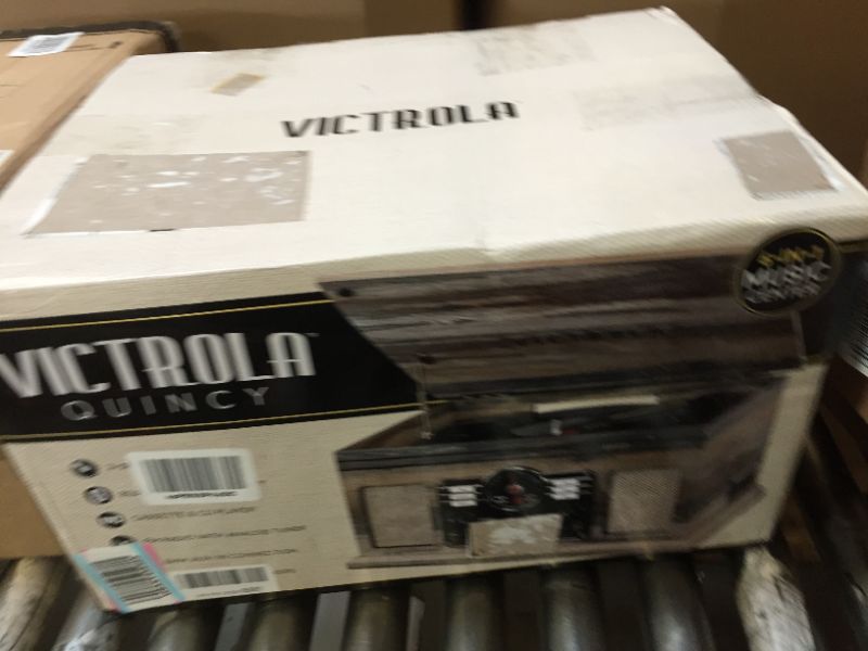 Photo 2 of Victrola Nostalgic 6-in-1 Bluetooth Record Player & Multimedia Center with Built-in Speakers - 3-Speed Turntable, CD & Cassette Player, AM/FM Radio | Wireless Music Streaming | Farmhouse Shiplap Grey Farmhouse Shiplap Grey Entertainment Center