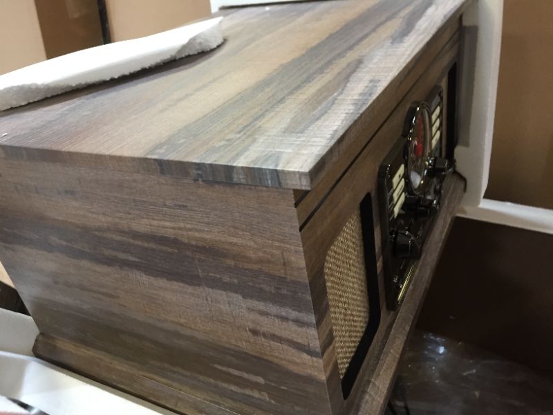 Photo 6 of Victrola Nostalgic 6-in-1 Bluetooth Record Player & Multimedia Center with Built-in Speakers - 3-Speed Turntable, CD & Cassette Player, AM/FM Radio | Wireless Music Streaming | Farmhouse Shiplap Grey Farmhouse Shiplap Grey Entertainment Center