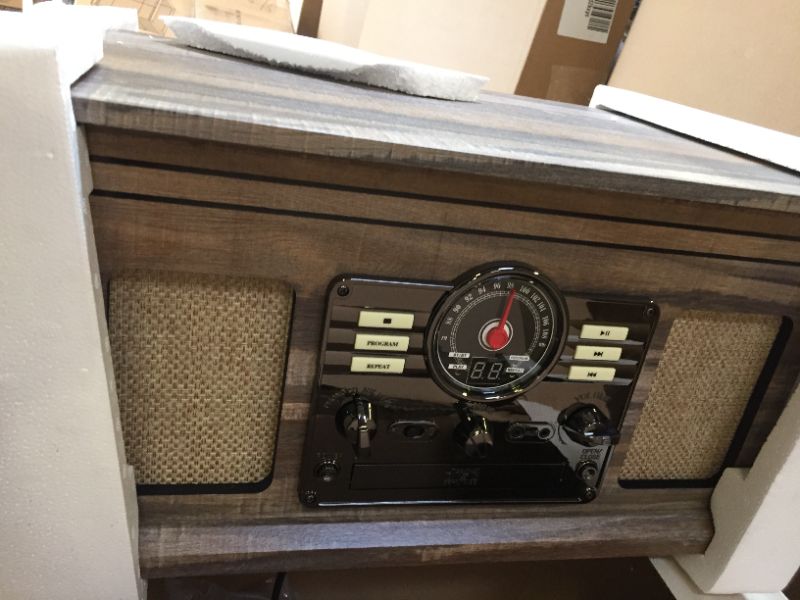 Photo 3 of Victrola Nostalgic 6-in-1 Bluetooth Record Player & Multimedia Center with Built-in Speakers - 3-Speed Turntable, CD & Cassette Player, AM/FM Radio | Wireless Music Streaming | Farmhouse Shiplap Grey Farmhouse Shiplap Grey Entertainment Center