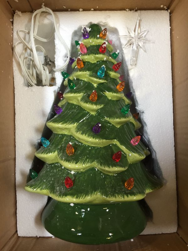 Photo 2 of 15 Inch Large Ceramic Christmas Tree Plug in Tabletop Artificial Green Christmas Decoration Tree with Multicolored Lights, Star Included