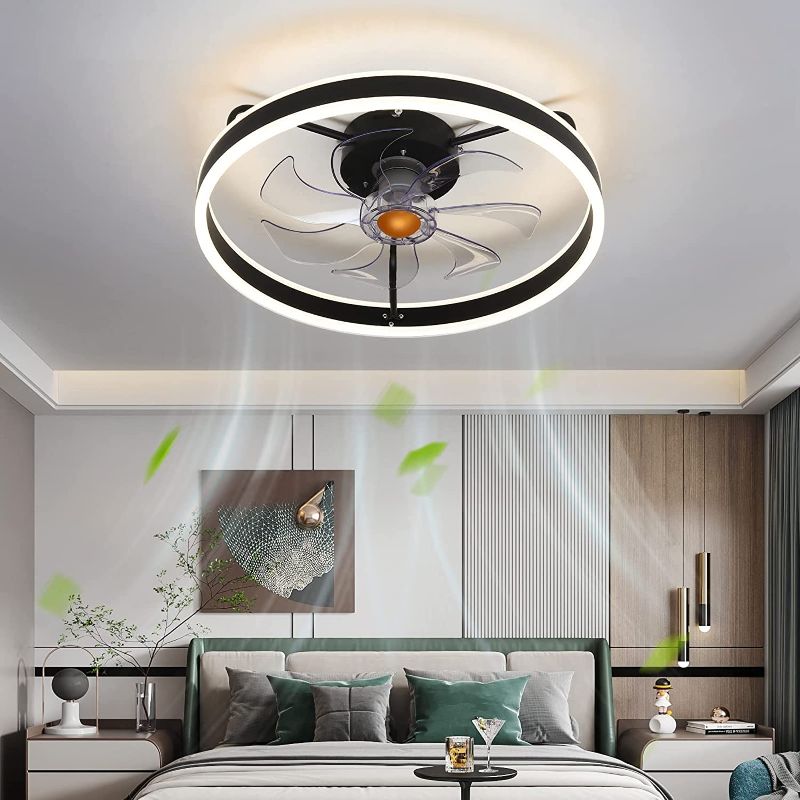 Photo 1 of Asyko Ceiling Fans with Lights - Modern Flush Mount Low Profile Indoor Ceiling Fans with Remote Control, 20" Enclosed Bladeless Ceiling Lighting Fixture, Black
