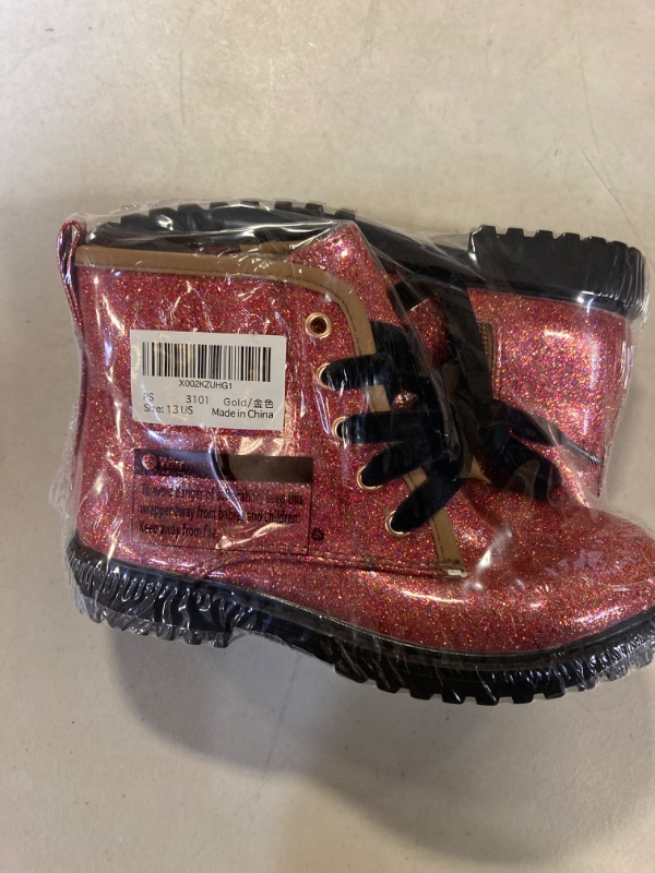 Photo 2 of Girls Boys Glitter Ankle Boots, Lace Up Waterproof Combat Shoes With Side Zipper for Toddler/Little Kid/Big Kid ( FACTORY SEALED ) ( SIZE : 13 US 12 UK EU 31 )
