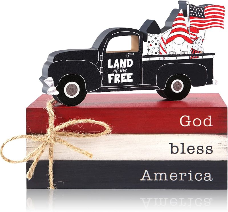 Photo 1 of 4th of July Tiered Tray Decor Faux Book God Bless America Sign & American Flag with Truck Independence Day Patriotic Wooden Decoration Rustic Farmhouse Decor for Veterans Day Memorial Day Kitchen Home
