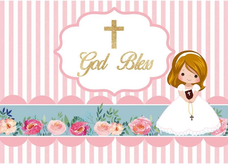 Photo 1 of Allenjoy 7x5ft First Communion Baptism Backdrop God Bless Infant Newborn Girl Princess Baby Shower Christening Photography Background Pink Flowers Cake Dessert Table Decors Photo Studio Booth
