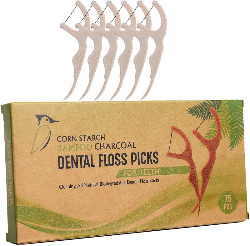 Photo 1 of Beautiful Mind Eco Friendly Dental Floss Picks for Teeth Cleaning – All Natural Biodegradable Dental Floss Sticks – Strong Bamboo Charcoal Floss Thread with Corn Starch Handle – Pack of 75 pcs(2)