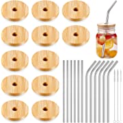 Photo 1 of 12 Pack Bamboo Mason Jar Lids with Straw Hole, Bamboo Lids for Beer Can Glass, 12 Reusable Stainless Steel Straw, 3 Straw Brushes and 1 Velvet Bag for Drinking (Regular Mouth)
