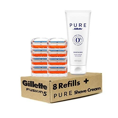 Photo 1 of Gillette Fusion5 Mens Razors 8 Razor Blade Refills Plus Gillette PURE Mens Soothing Shaving Cream with Aloe, 6 Oz

