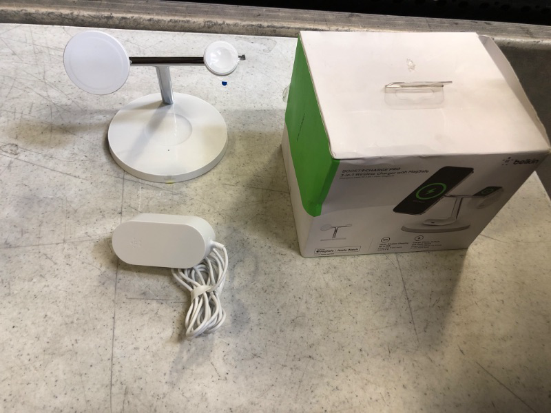 Photo 2 of Belkin MagSafe 3-in-1 Wireless Charging Stand (Older 2021 Release) for Apple Watch, iPhone Series, AirPods - White White 3 in 1 Stand (Old)